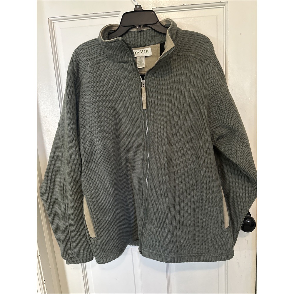 Orvis full-zip ribbed fleece jacket Mock Neck Pockets Wool Blend Size Large